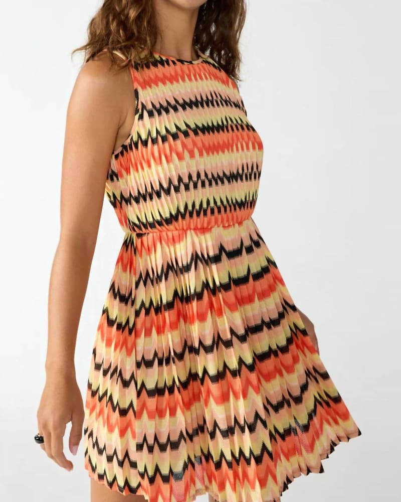 Front of a model wearing a size L Harmoni Dress In Citrus Stripe in Citrus Stripe by Sanctuary. | dia_product_style_image_id:354156